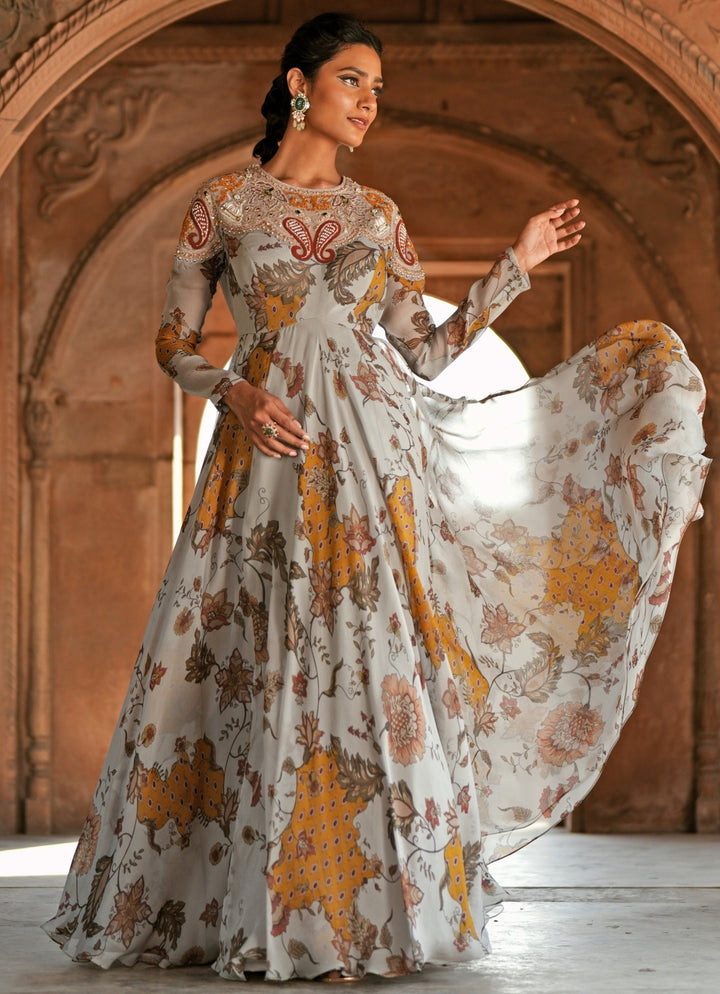 Grey Printed Organza Embroidered Anarkali Set