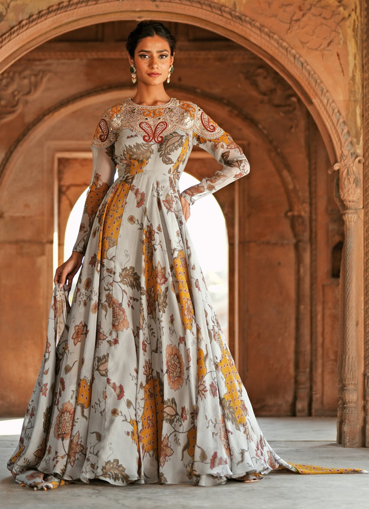 Grey Printed Organza Embroidered Anarkali Set