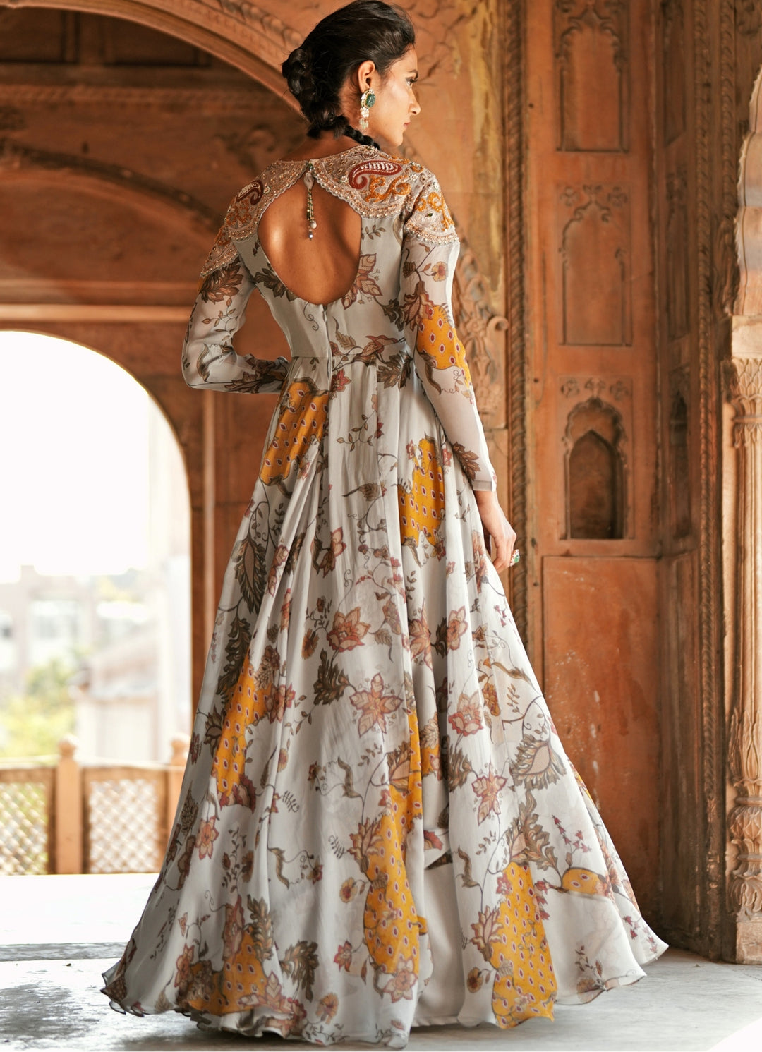 Grey Printed Organza Embroidered Anarkali Set
