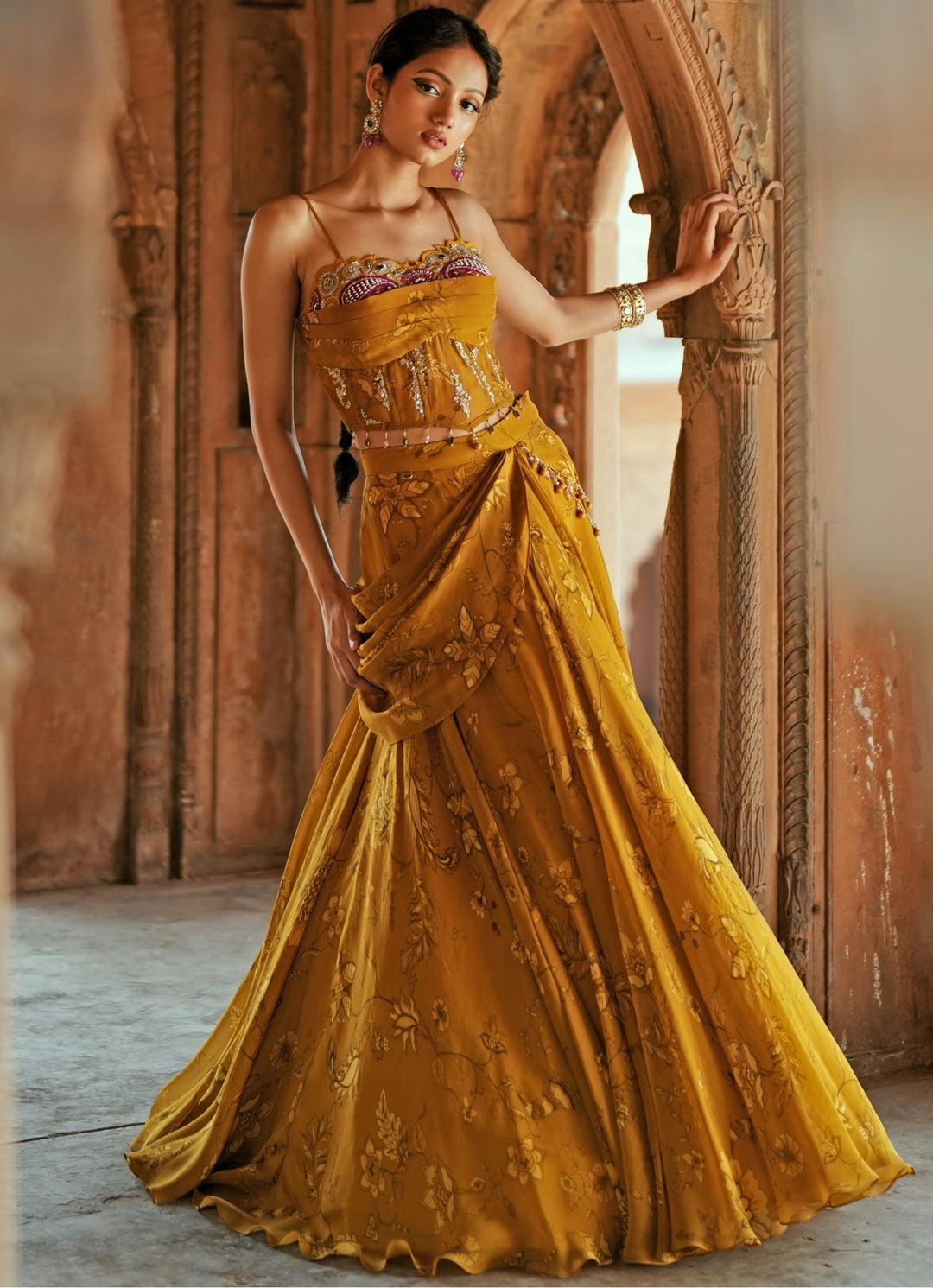 Gold Printed Organza Embroidered Corset Blouse Lehenga Set