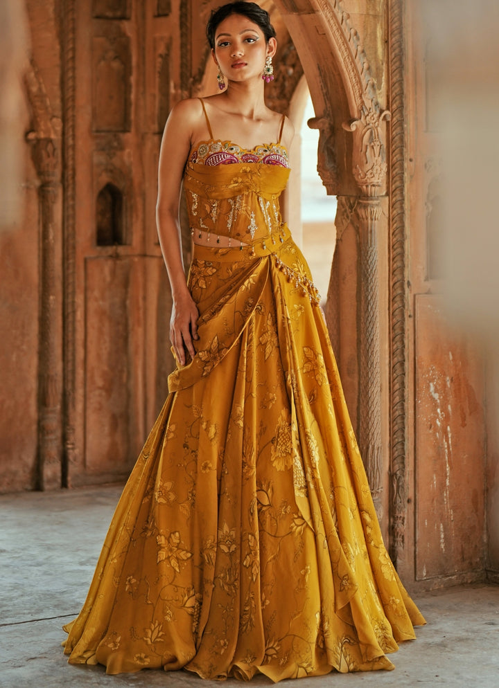 Gold Printed Organza Embroidered Corset Blouse Lehenga Set
