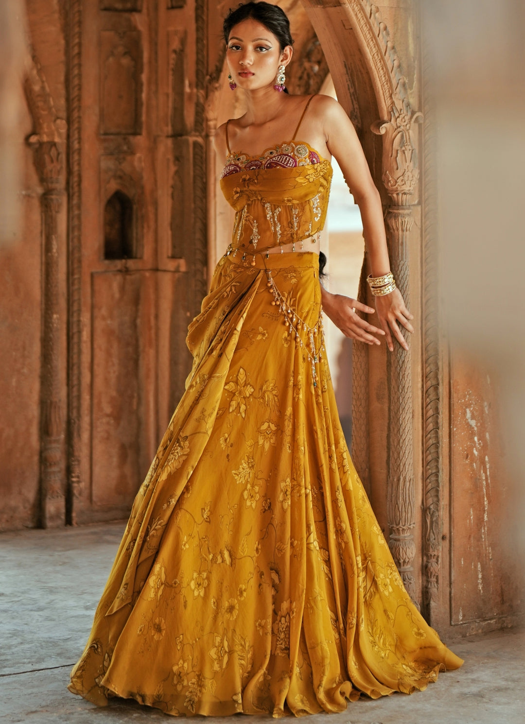 Gold Printed Organza Embroidered Corset Blouse Lehenga Set