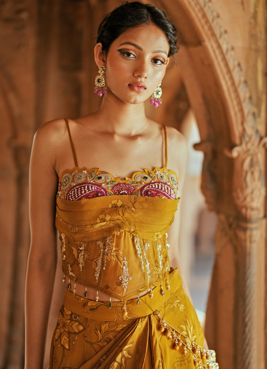 Gold Printed Organza Embroidered Corset Blouse Lehenga Set