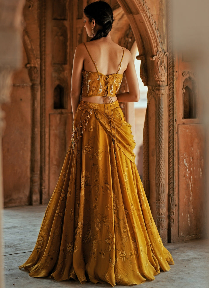 Gold Printed Organza Embroidered Corset Blouse Lehenga Set