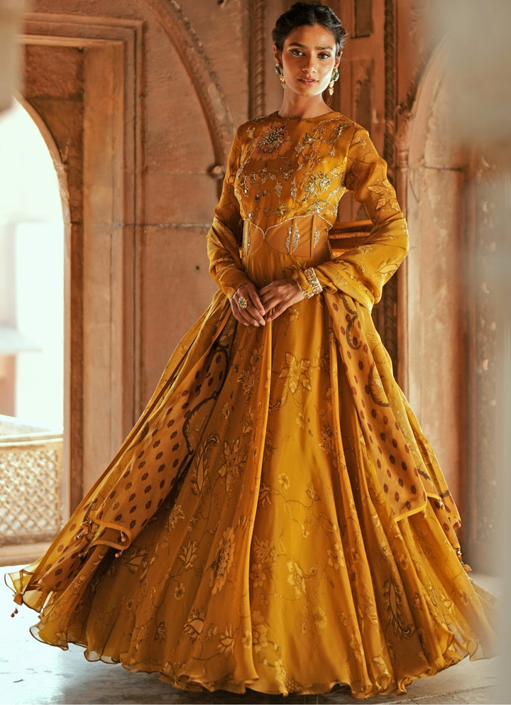 Mustard Yellow Printed Organza Embroidered Anarkali Set