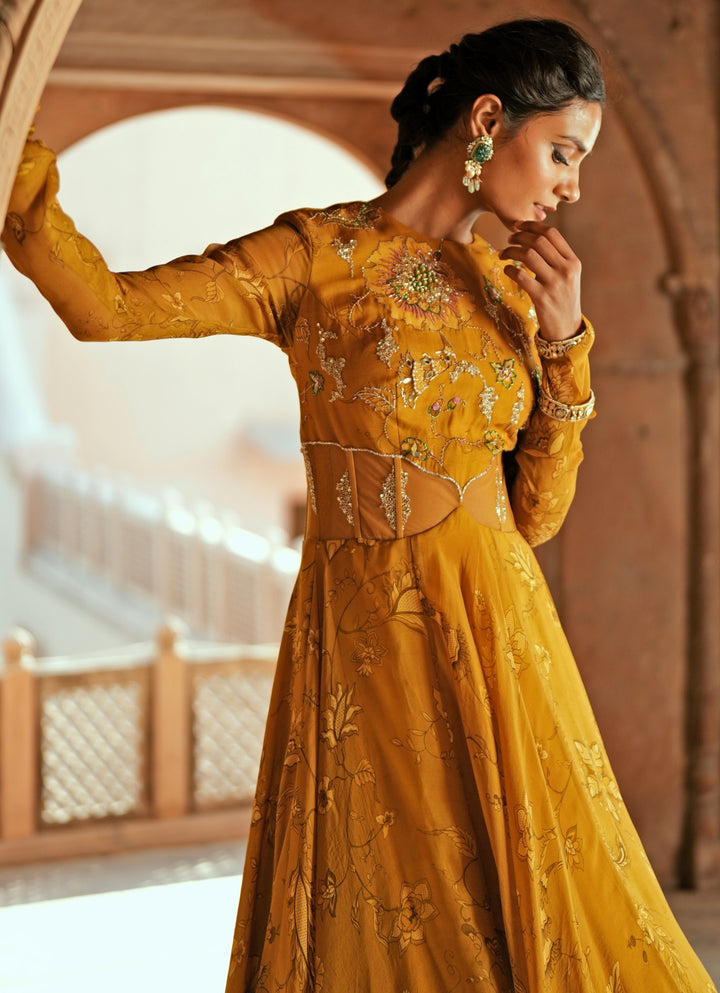 Mustard Yellow Printed Organza Embroidered Anarkali Set