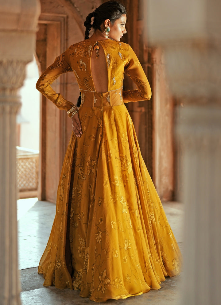 Mustard Yellow Printed Organza Embroidered Anarkali Set
