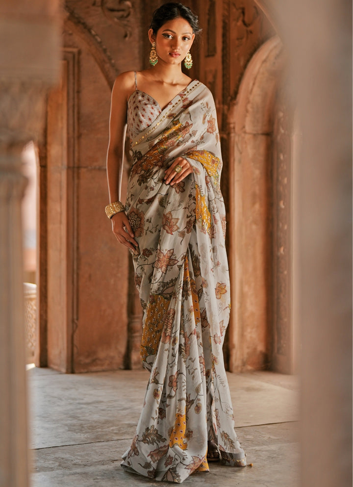 Grey Printed Organza Embroidered Saree Set