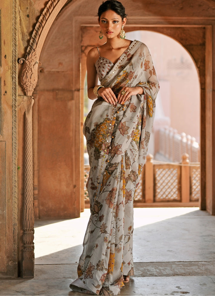 Grey Printed Organza Embroidered Saree Set