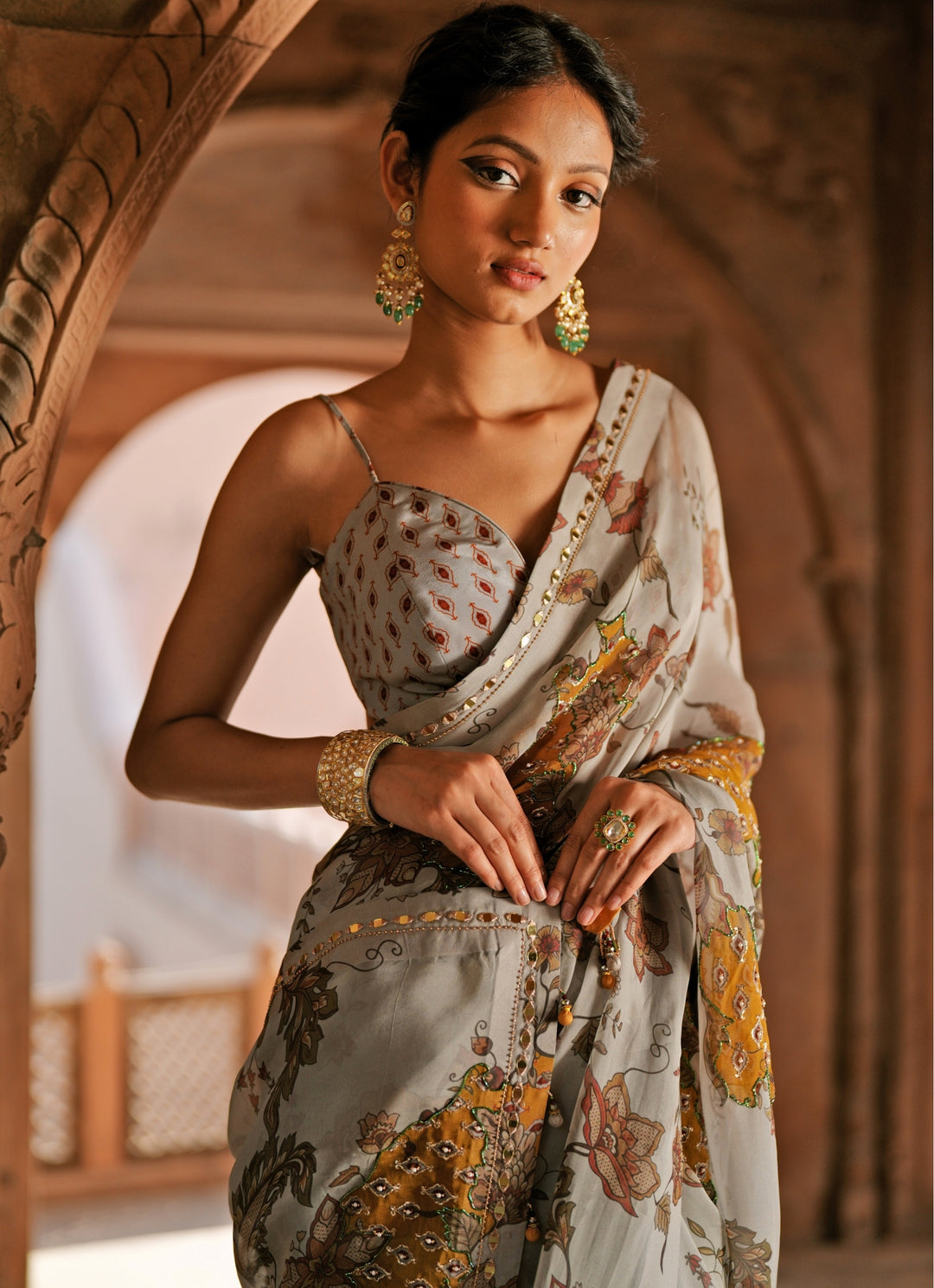 Grey Printed Organza Embroidered Saree Set