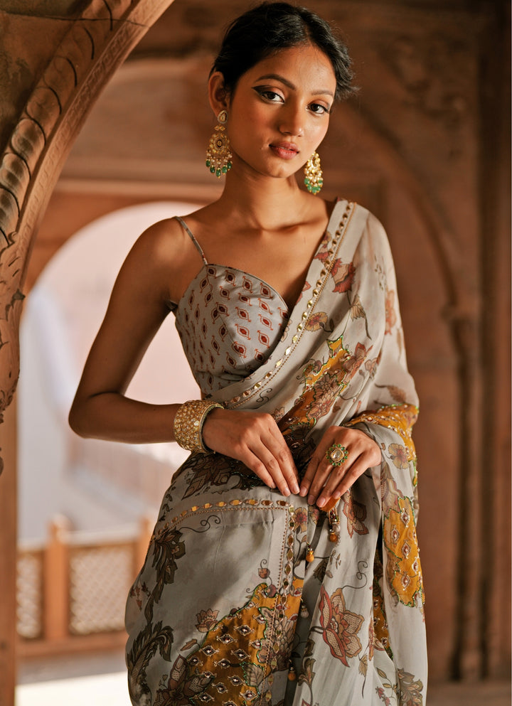 Grey Printed Organza Embroidered Saree Set