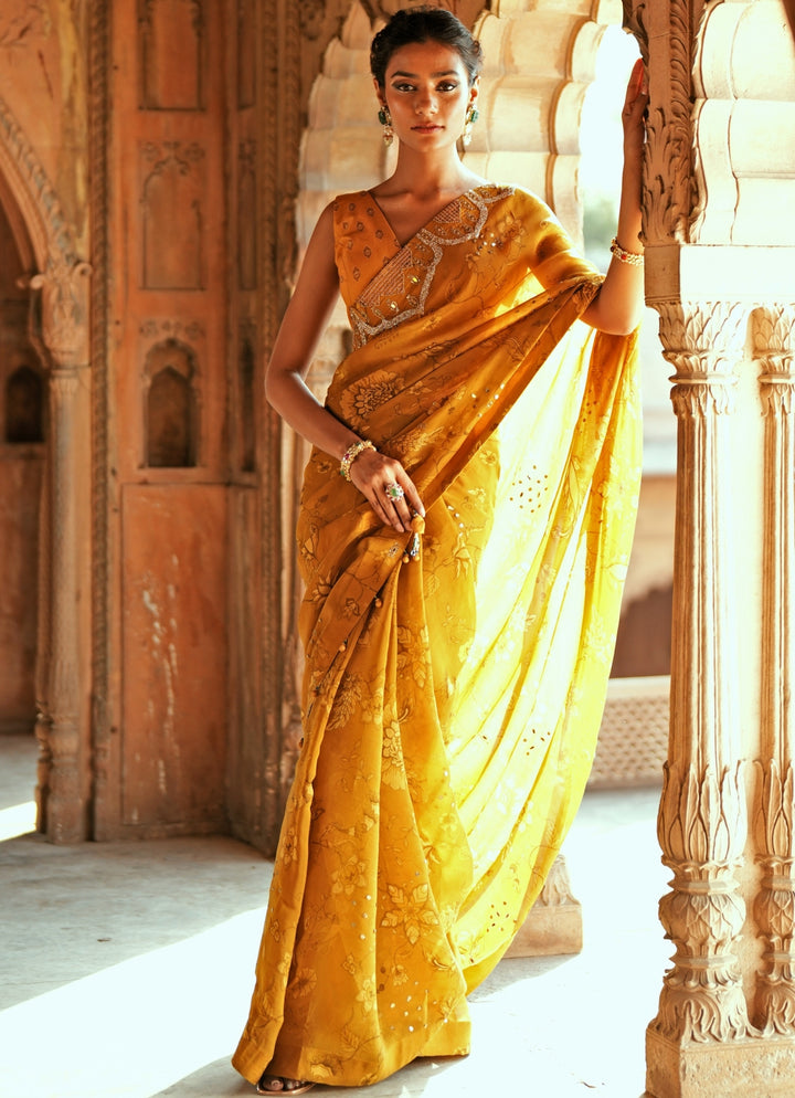 Gold Printed Organza And Embroidered Saree Set