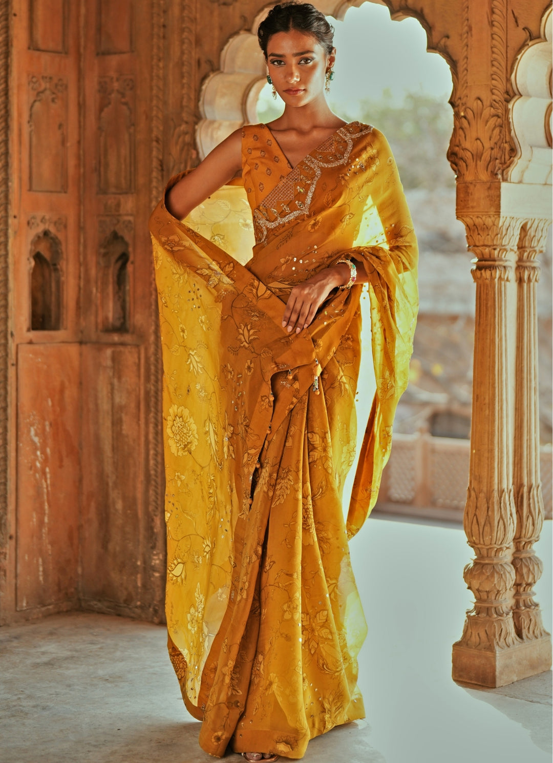 Gold Printed Organza And Embroidered Saree Set