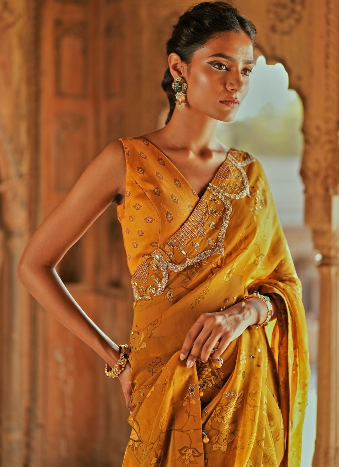 Gold Printed Organza And Embroidered Saree Set