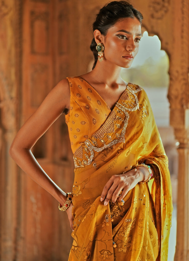Gold Printed Organza And Embroidered Saree Set