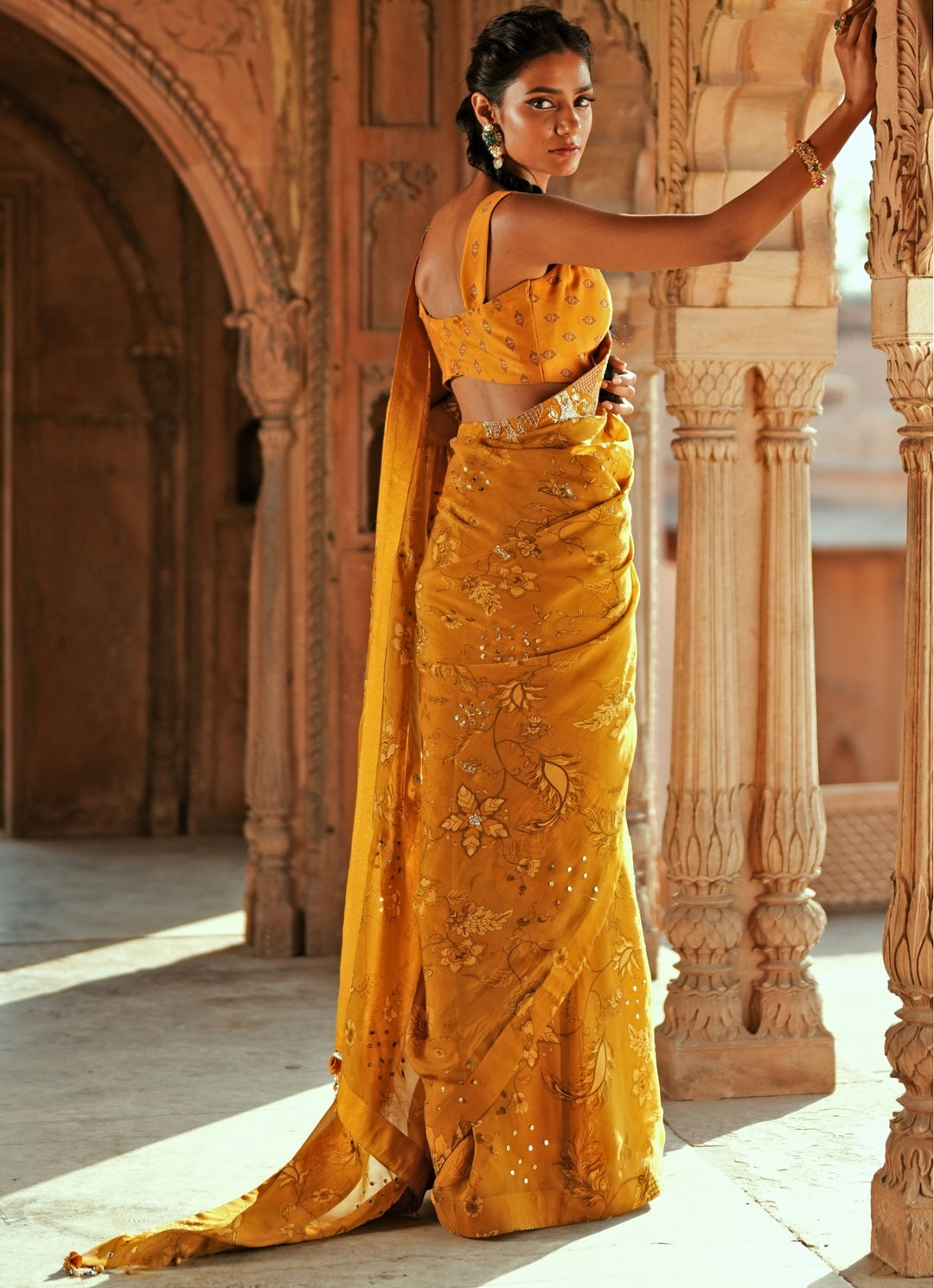 Gold Printed Organza And Embroidered Saree Set