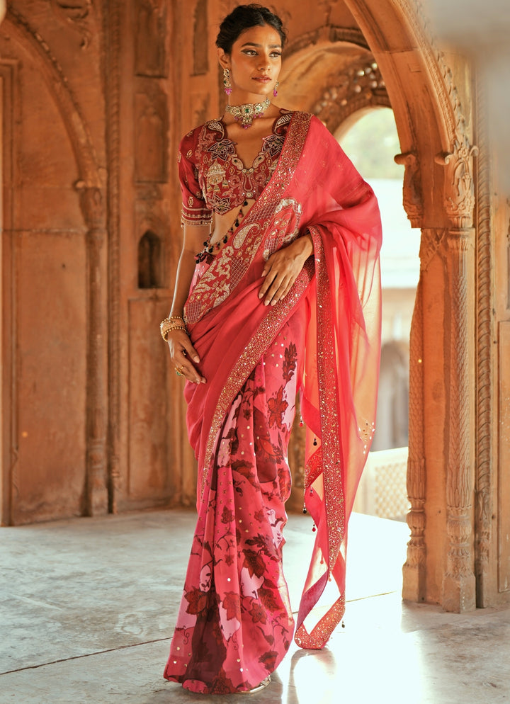 Pink Printed Organza Embroidered Saree Set