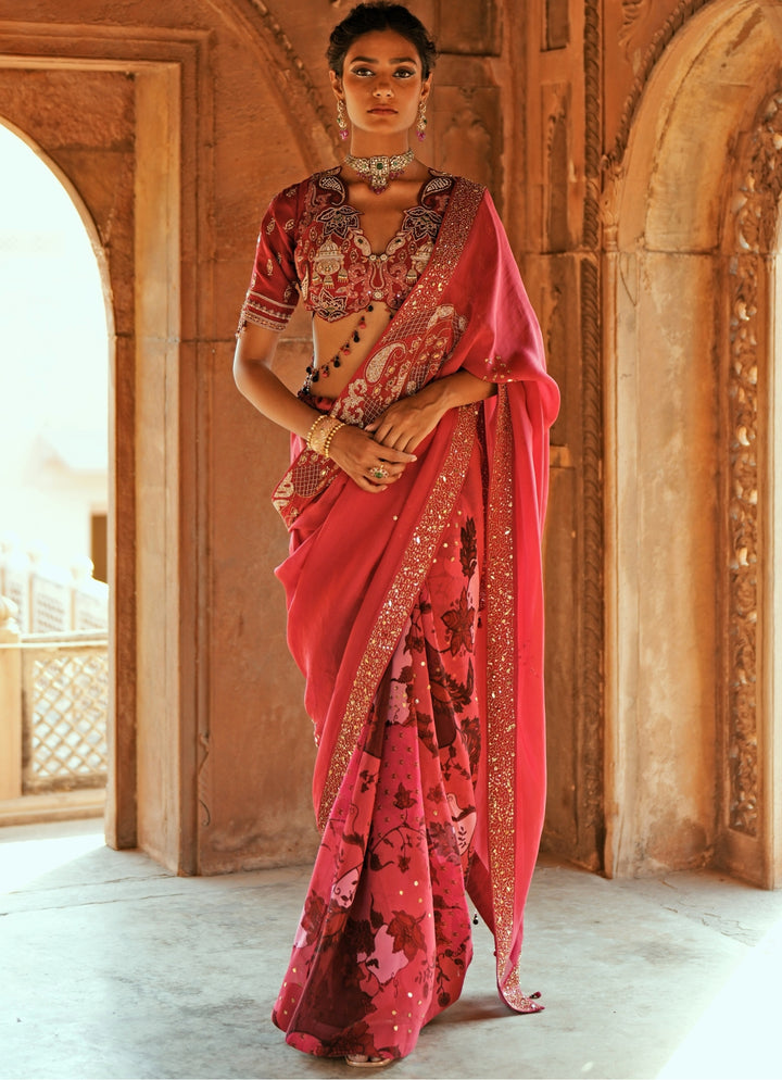 Pink Printed Organza Embroidered Saree Set