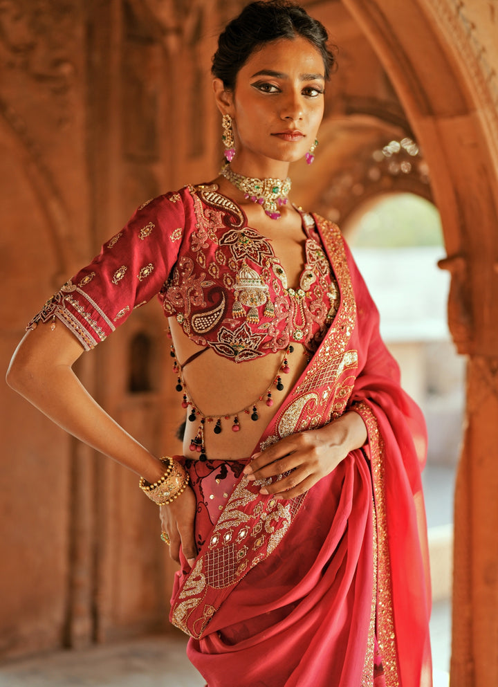 Pink Printed Organza Embroidered Saree Set