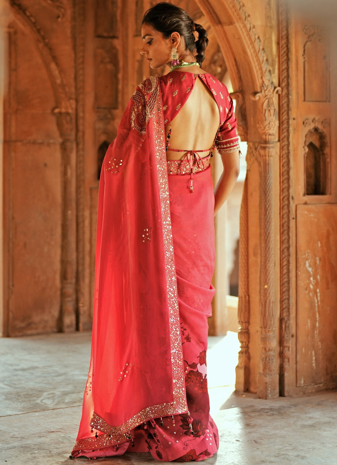 Pink Printed Organza Embroidered Saree Set