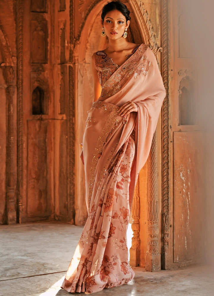 Blush Pink Printed Organza Embroidered Saree Set