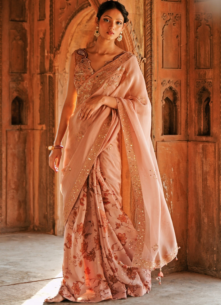 Blush Pink Printed Organza Embroidered Saree Set