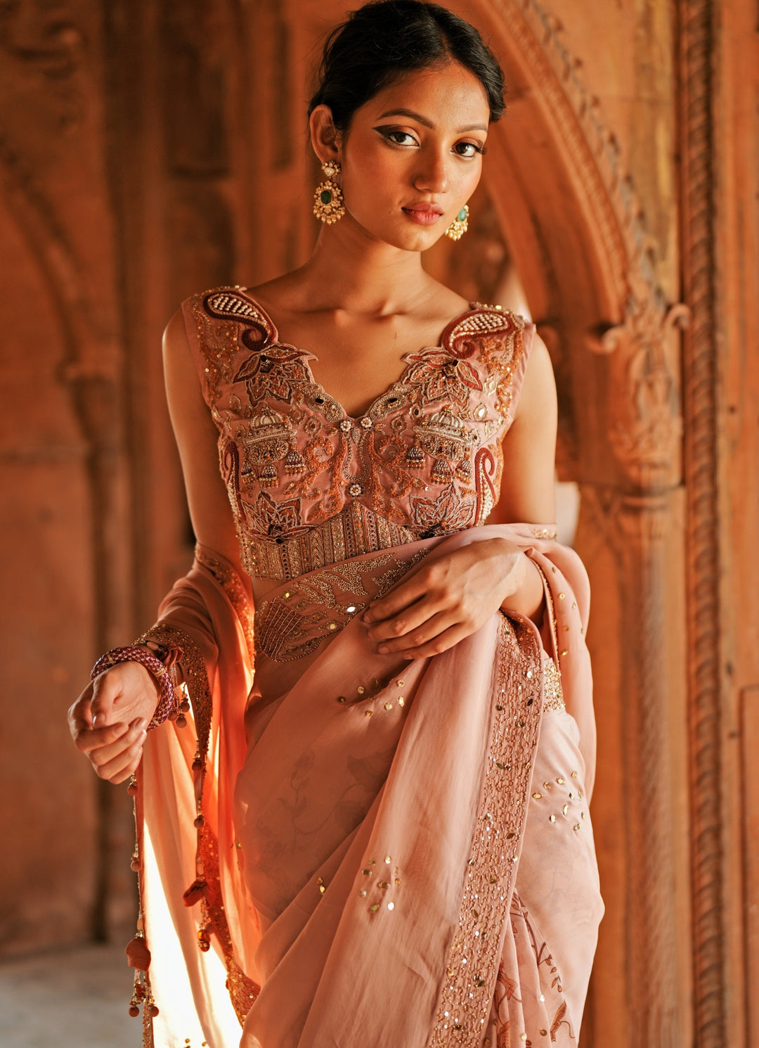 Blush Pink Printed Organza Embroidered Saree Set