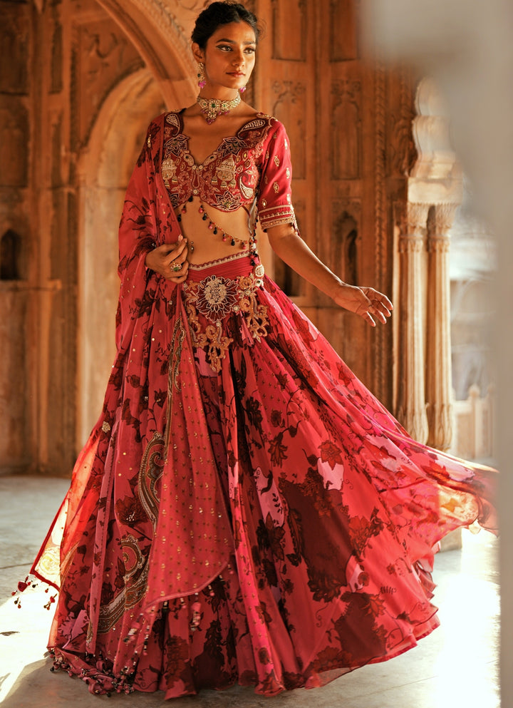 Pink Printed Organza Embroidered Lehenga Set