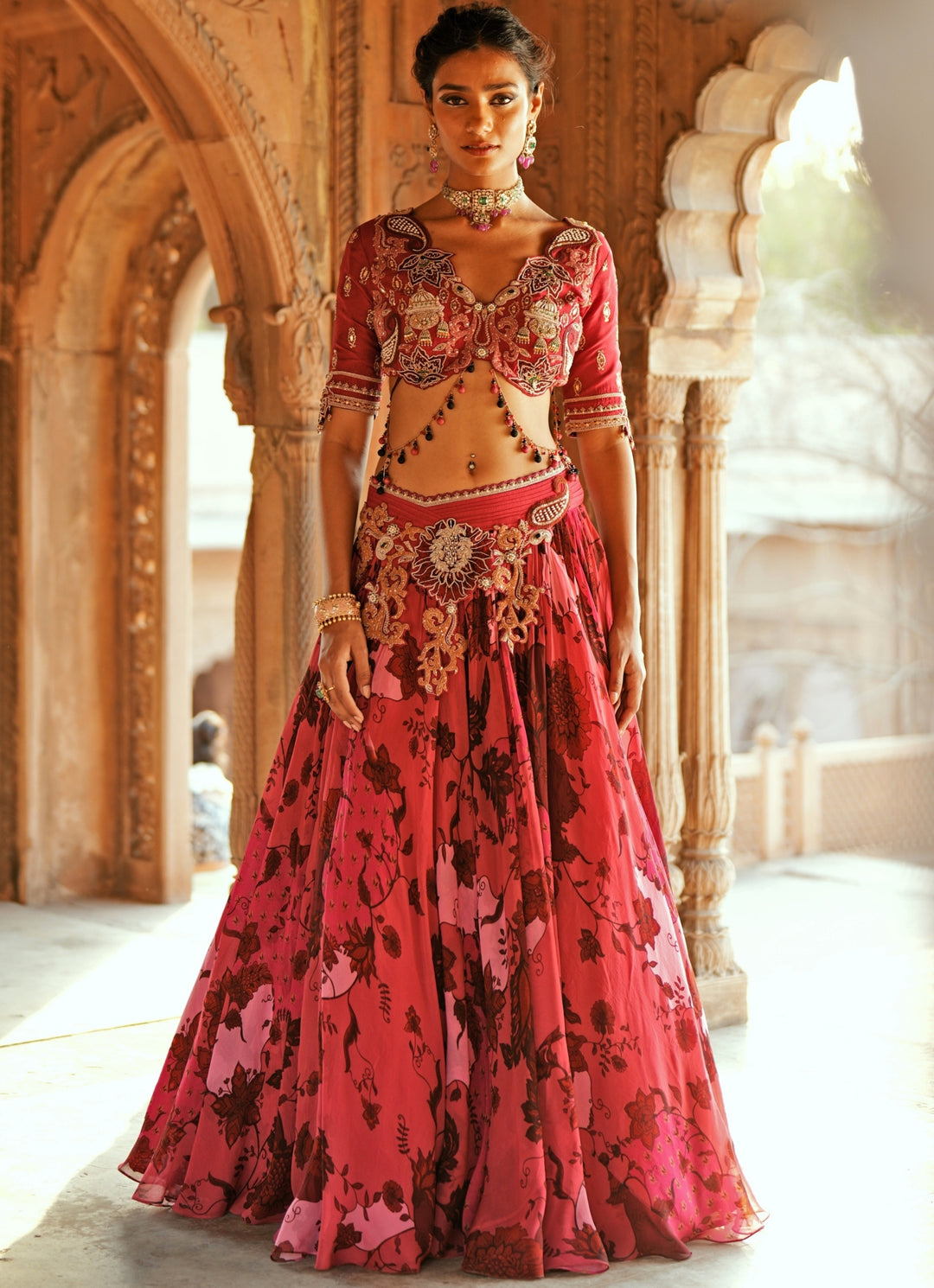 Pink Printed Organza Embroidered Lehenga Set