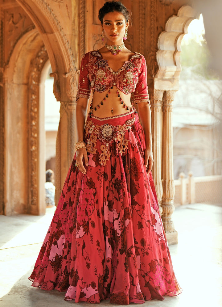 Pink Printed Organza Embroidered Lehenga Set
