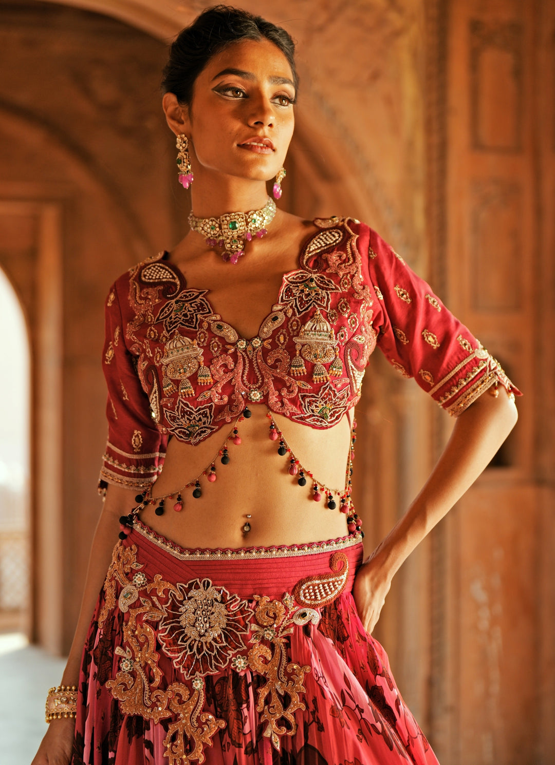Pink Printed Organza Embroidered Lehenga Set