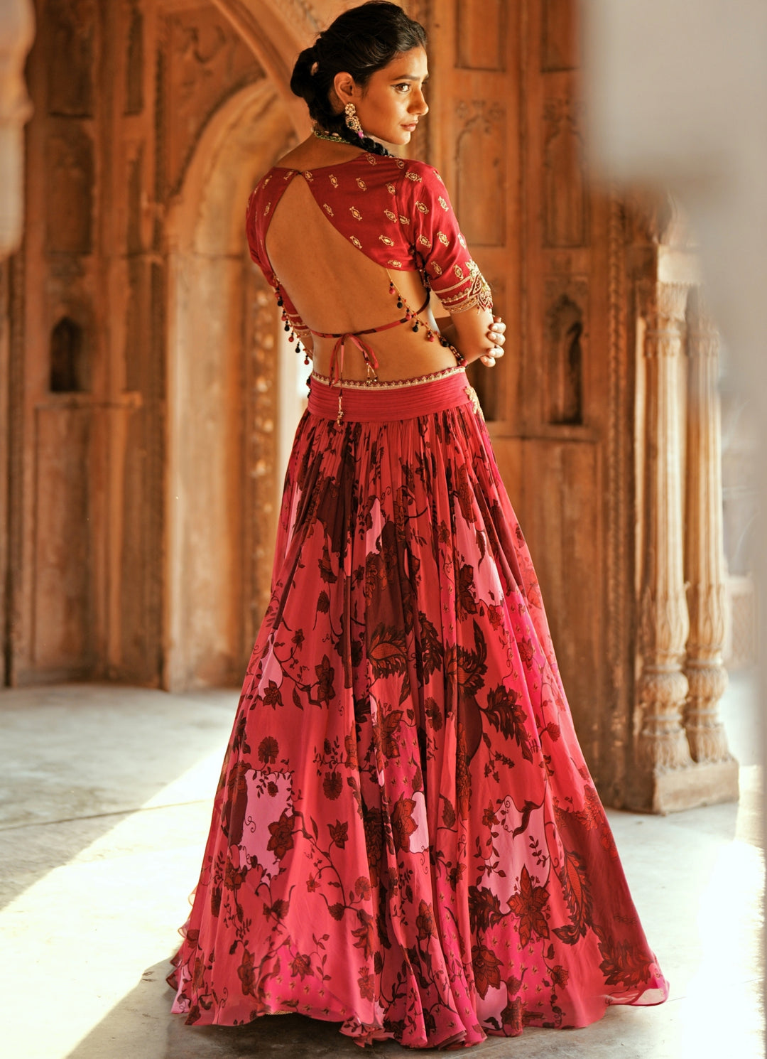 Pink Printed Organza Embroidered Lehenga Set