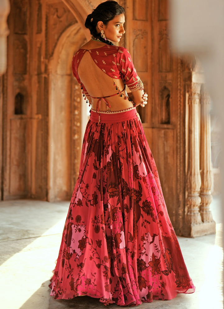 Pink Printed Organza Embroidered Lehenga Set
