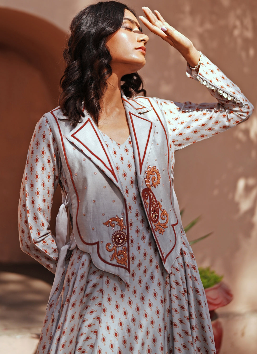 Grey Printed Asymmetric Kurta Pants Set With Jacket