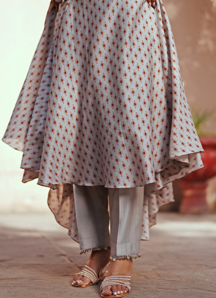 Grey Printed Asymmetric Kurta Pants Set With Jacket