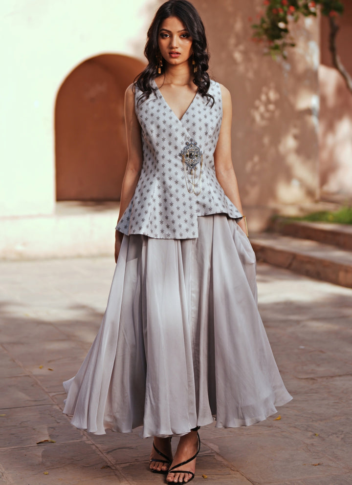 Grey Printed Chanderi Silk Waistcoat And Organza Skirt Set