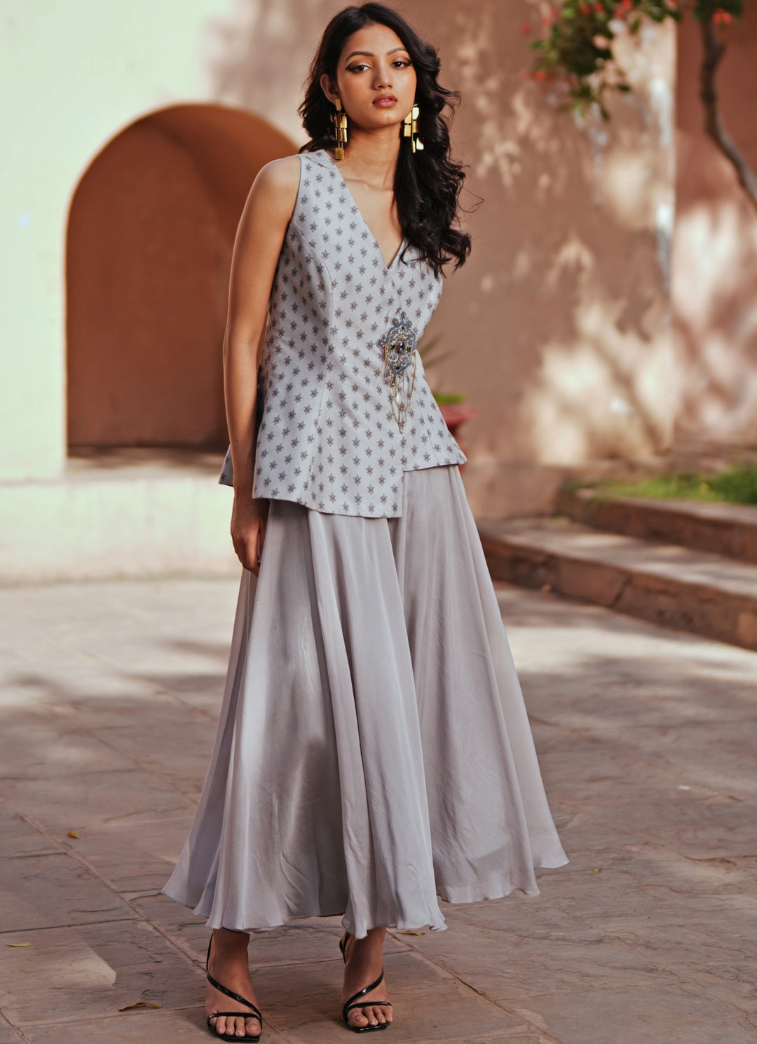 Grey Printed Chanderi Silk Waistcoat And Organza Skirt Set