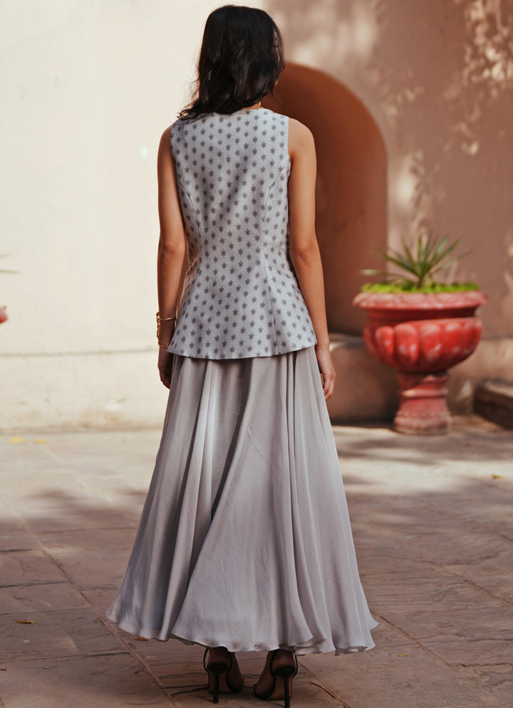 Grey Printed Chanderi Silk Waistcoat And Organza Skirt Set