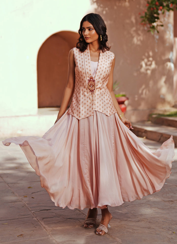 Champagne Pink Printed Silk Waistcoat And Organza Skirt Set