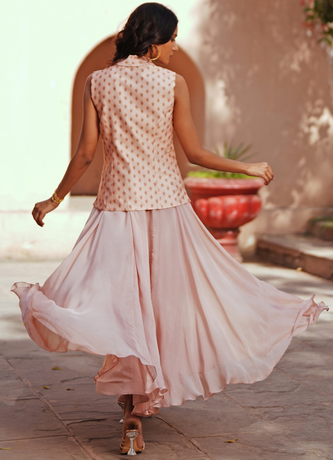 Champagne Pink Printed Silk Waistcoat And Organza Skirt Set