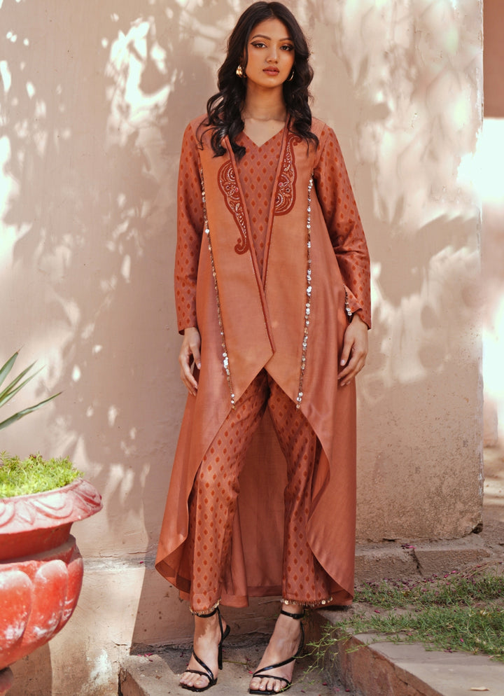 Beige Printed Chanderi Kurta Pant With Embroidered Jacket