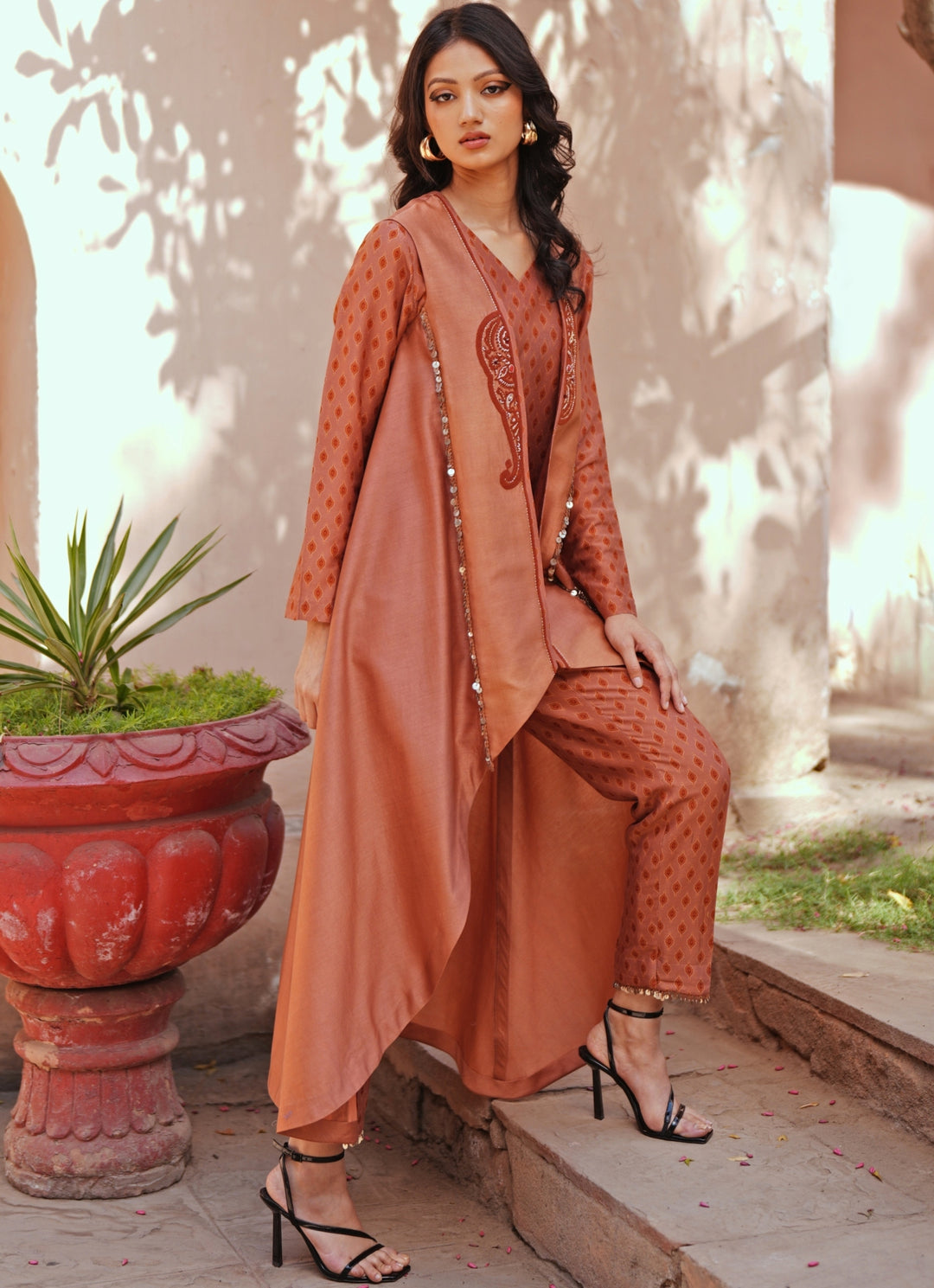 Beige Printed Chanderi Kurta Pant With Embroidered Jacket