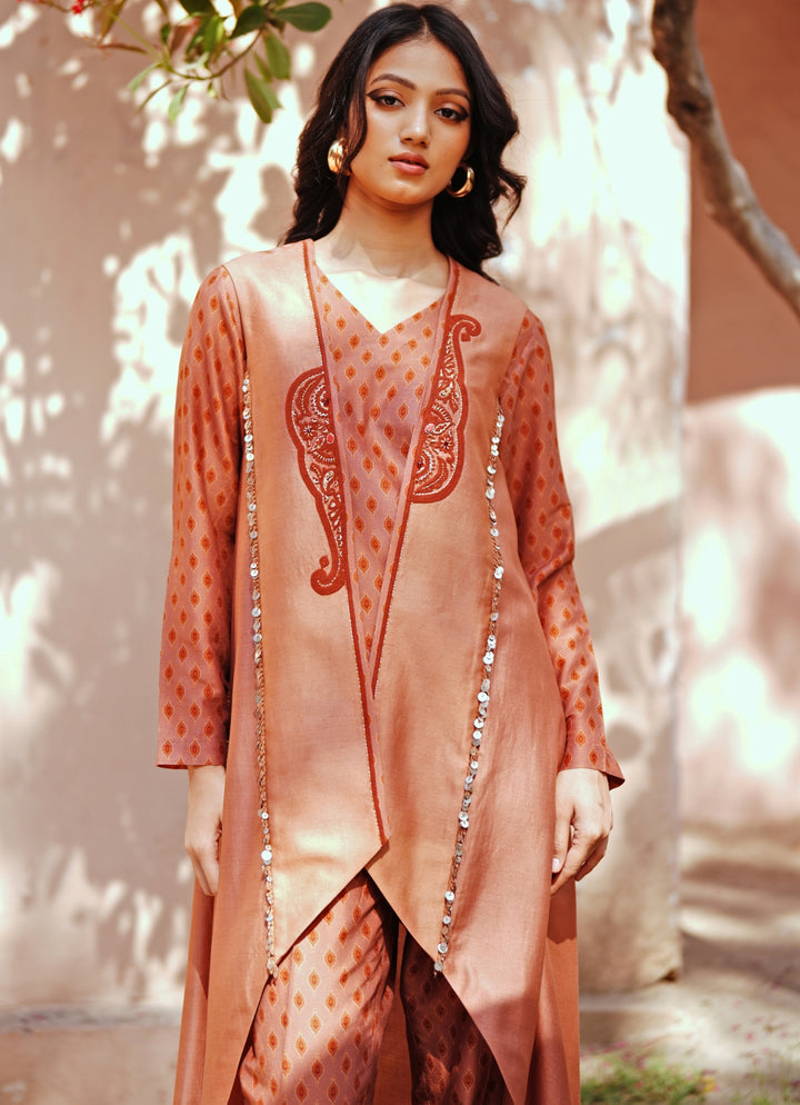 Beige Printed Chanderi Kurta Pant With Embroidered Jacket