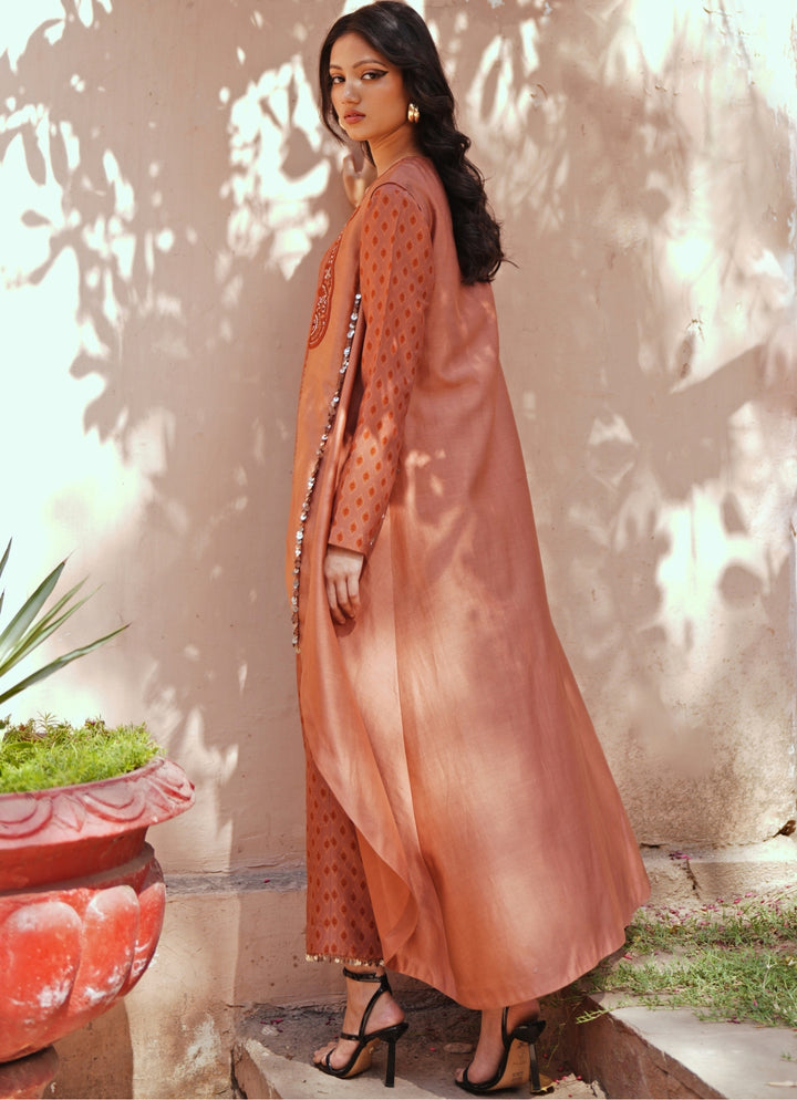 Beige Printed Chanderi Kurta Pant With Embroidered Jacket