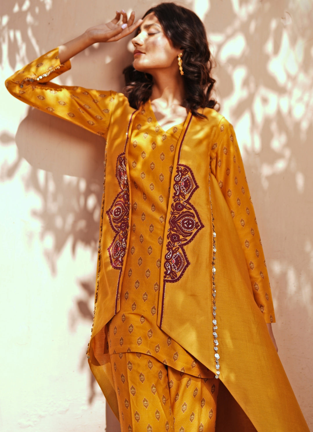 Yellow Printed Chanderi Kurta Pant with Embroidered Jacket