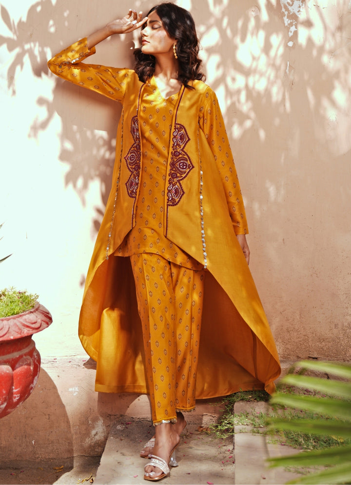 Yellow Printed Chanderi Kurta Pant with Embroidered Jacket