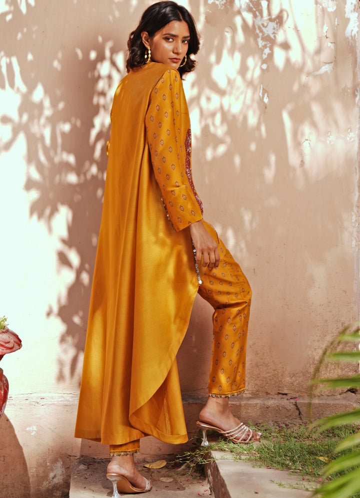 Yellow Printed Chanderi Kurta Pant with Embroidered Jacket