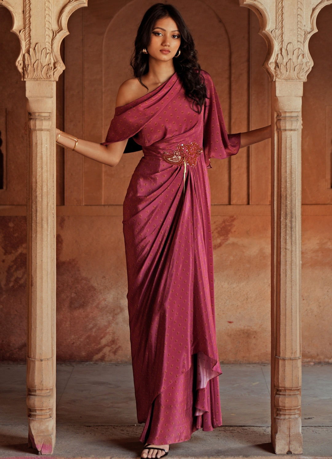 one shoulder drape dress Isha Gupta Tayal — Pink Printed Crepe One Shoulder Drape Dress – Fabilicious Fashion