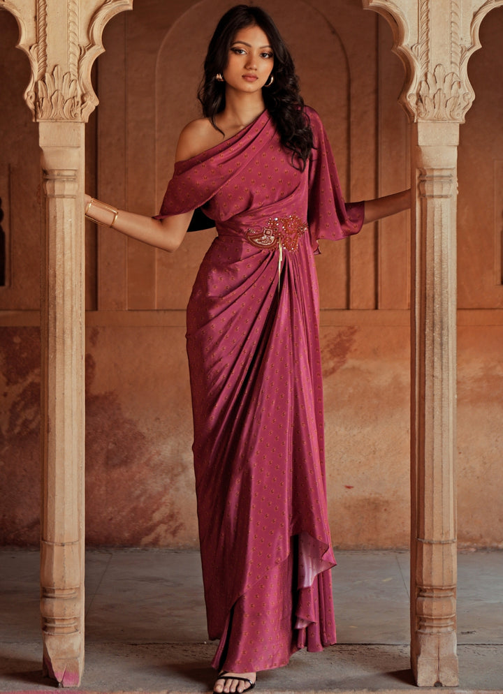 Pink Printed Crepe One Shoulder Drape Dress