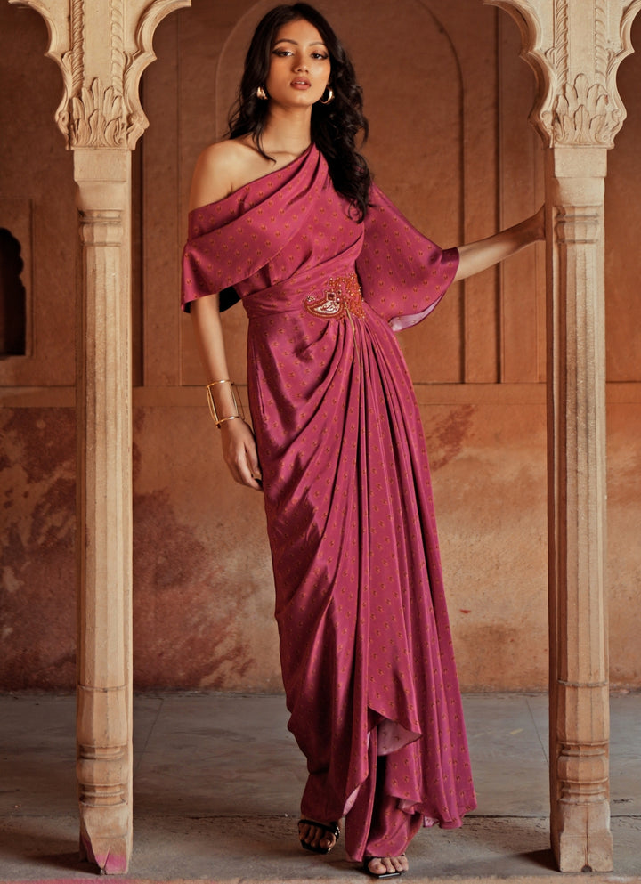 Pink Printed Crepe One Shoulder Drape Dress